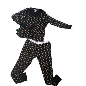 Victoria's Secret Pajama Set Black floral , Thermal Top Pants LG